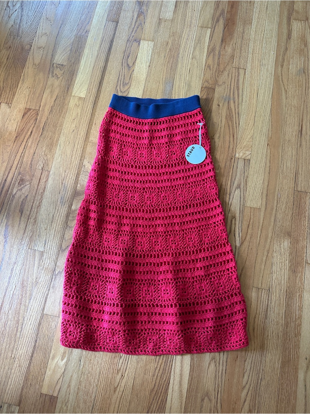 Staud crochet Midi Skirt with Navy Waistband